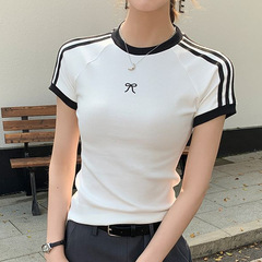 ホワイトラウンドネックラグラン半袖Tシャツレディース夏甘くてクールなスリムリボンコントラストカラーショルダースリーストライプストップTシャツ