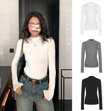 跨境MosesQueen打底衫女内搭洋气秋季修身半高领包边长袖t恤百搭