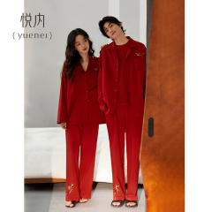 パジャマ結婚新婚カップルスーツ女性春秋純綿赤い家庭服男性本命年中国風新中国式