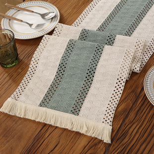 Ins-style American Table Runner Cotton and Linen Striped Hemp Rope Stitching Ripe Dining Table Decoration TV Cabinet Coffee Table Sideboard