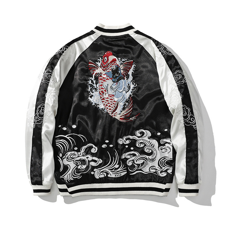 Cross-Border Carp Embroidery Jacket Heavy Embroidery Fish Dragon National Trend Coat Mythical Beast Spring and Autumn Reversible Couple Jacket