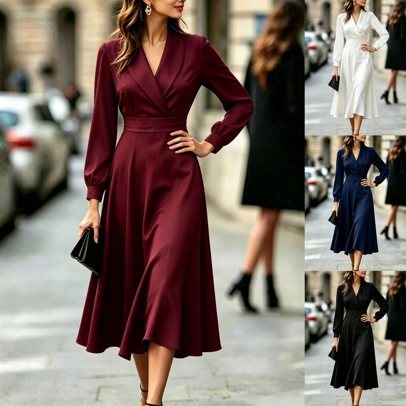 2026 Amazon Independent Site Cross-Border New Style Suit Collar Long-Sleeve Waist-Cinching Flared Mid-Length Dress Elegant Dress 2026 Amazon Independent Site Cross-Border New Style Suit Collar Long-Sleeve Waist-Cinching Flared Mid-Length Dress Elegant Dress
