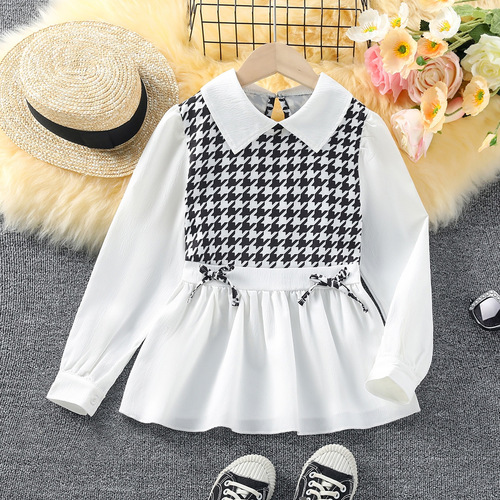 Children's crew neck sweater 2024 spring import and export style houndstooth patchwork two-piece girl's T-shirt European and American color-matched children's clothing
