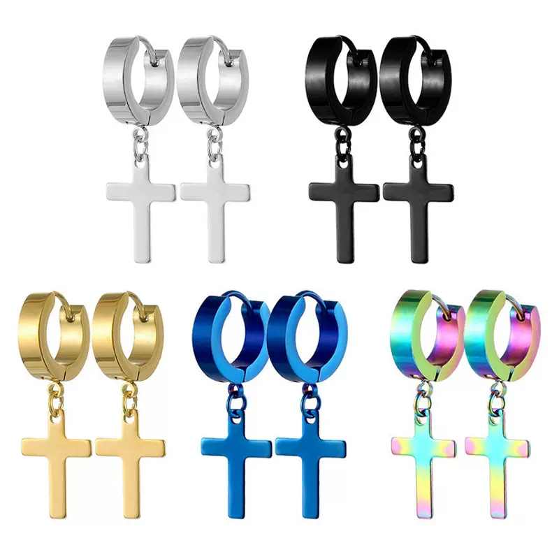 跨境热销欧美钛钢耳环男士不锈钢十字架耳环嘻哈朋克耳扣潮流耳饰