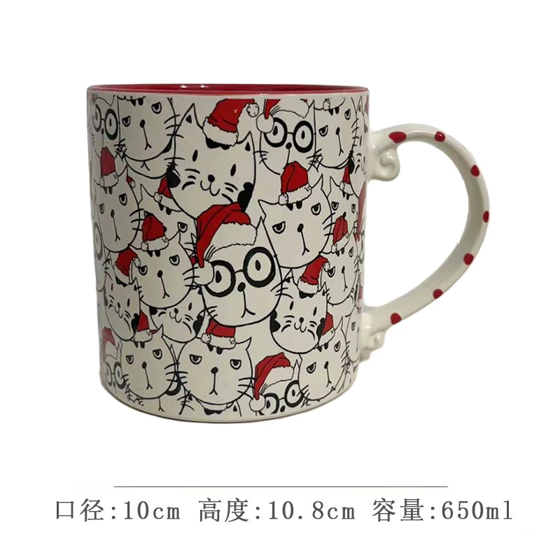 Ceramic mug hand-painted underglaze cat design, cute breakfast cup, microwave-safe