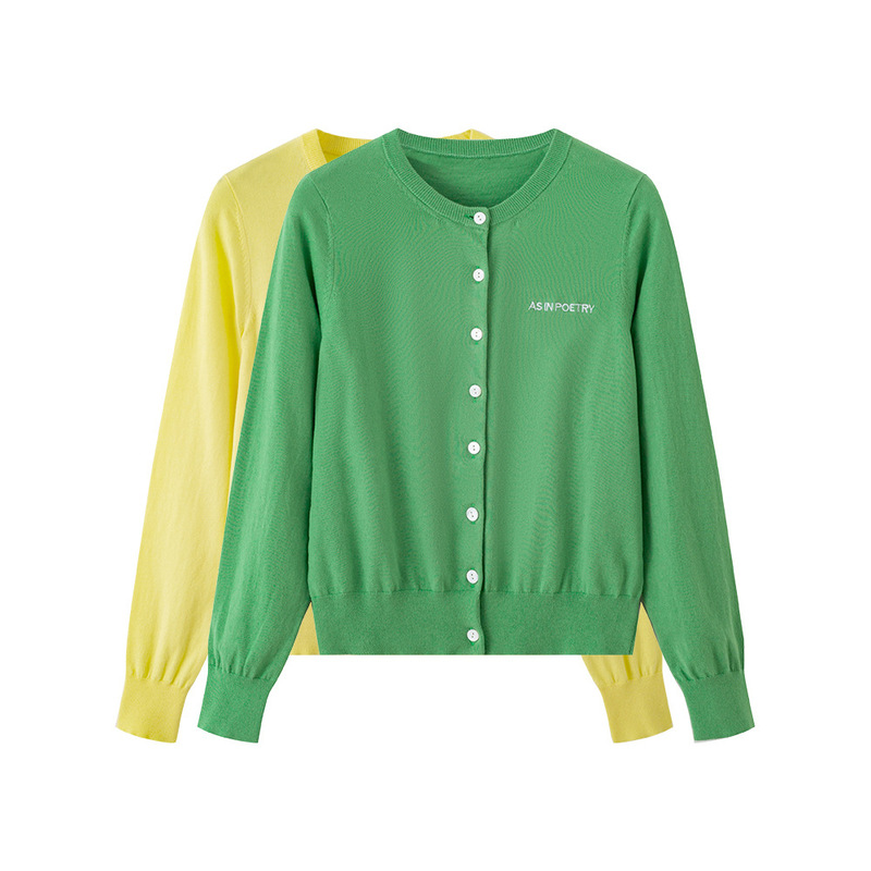 100% Cotton Green Knitted Cardigan Women's Spring New Long Sleeve Thin Embroidered Round Neck Cotton All-Match Coat