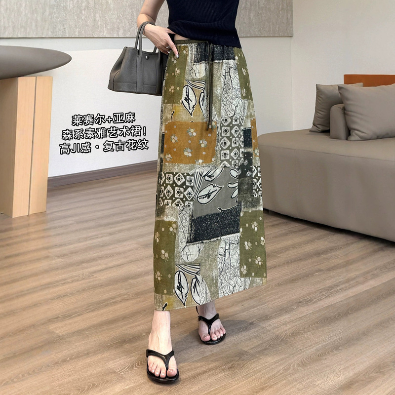 Spring Is Not Too Late: Forest-Style Elegant Artistic Dress! Tencel Linen Cool Printed Dress, H-Shaped Stylish Long Skirt, Summer Half-Skirt