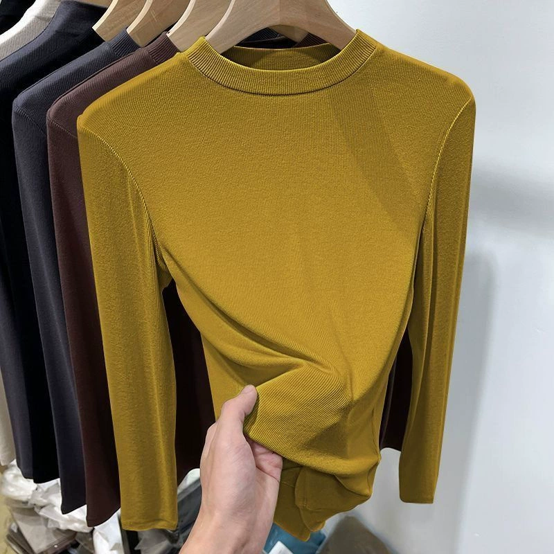 DeRong рубашка с длинными рукавами и воротником-стойкой, осенне-зимняя новая теплая однотонная утягивающая универсальная тонкая внутренняя футболка, женская одежда