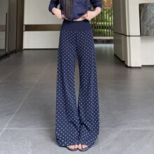 H1496严选藏青色波点裤喇叭裤休闲裤女装秋季小个子裤百搭微喇裤