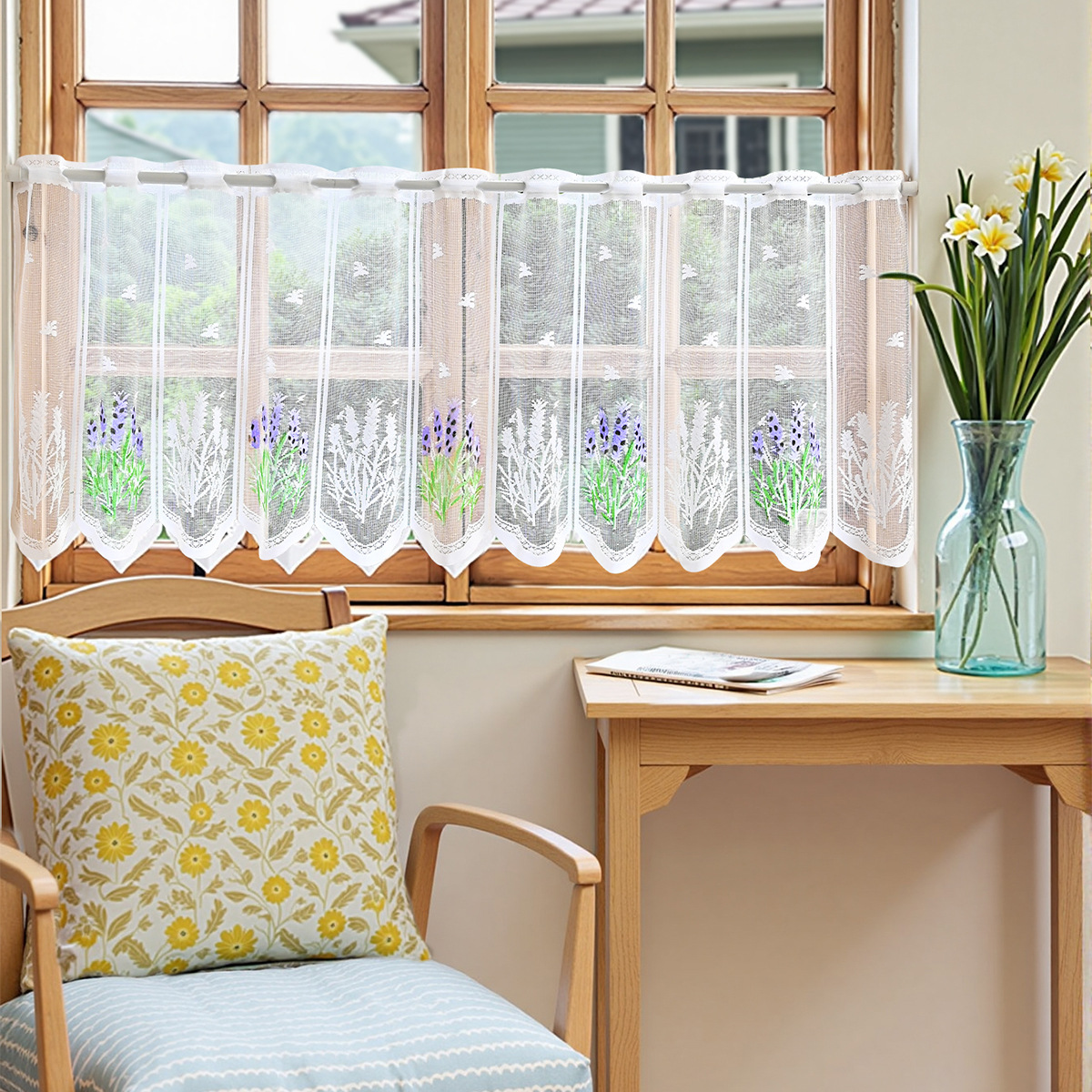 Amazon transfronterizo nueva cortina corta de encaje de lavanda, pantalla de ventana, barra de desgaste, cocina, sala de estar, cortinas terminadas, TEMU
