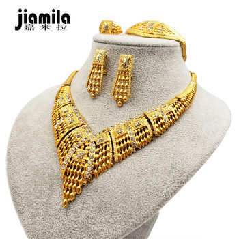 Jamila Middle East Dubai 24K Gold Plated Jewelry Set French Indian Necklace Ring Earring Bracelet Four-piece Set