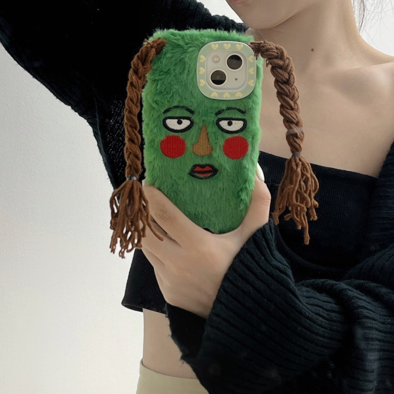 Plush Quirky Green Ugly Girl Iphone17 Apple 16 Compatible 14/15Pro Max Phone Case Anti-Drop Cover 11