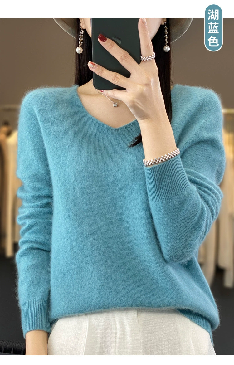 Вязаный свитер с V-образным вырезом, oversize, женский демисезон 100% шерсть, свободный покрой
