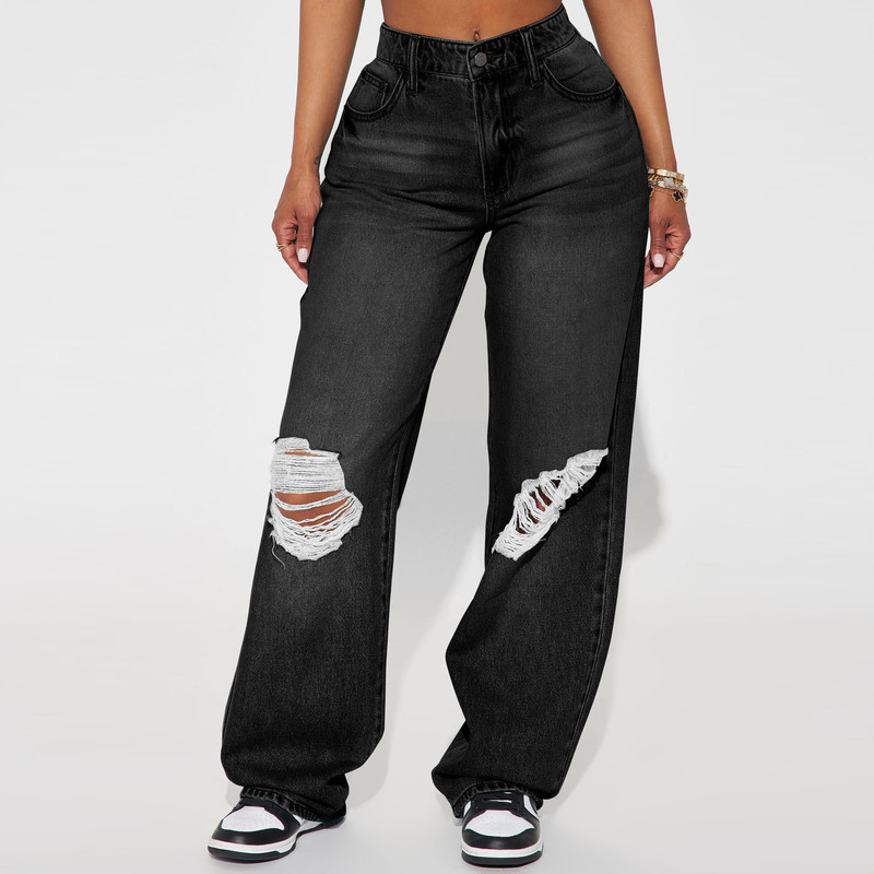 High-Waisted Wide-Leg Ripped Non-Elastic Straight-Leg Jeans No Stretch Straight Legjeans3647