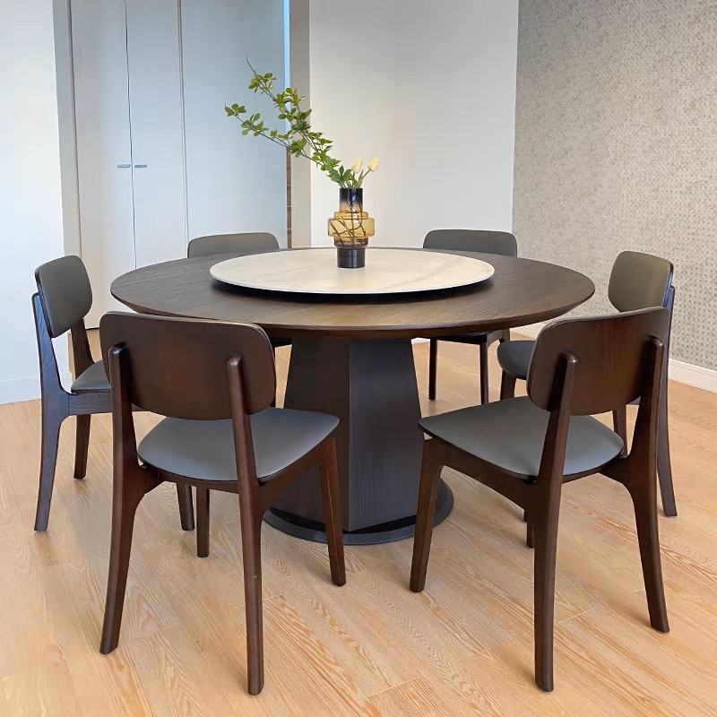 VQ5K设计师胡桃木色圆桌实木小户型家用饭桌轻奢带转盘圆形餐桌椅