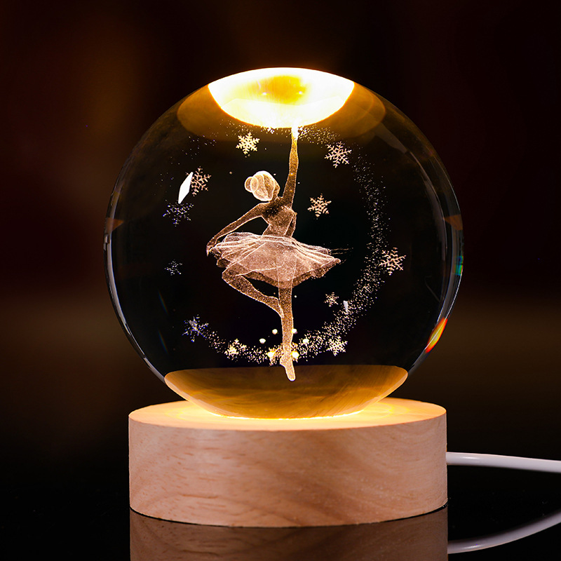 Bola de cristal luminosa lámpara de noche 3D esculpida estrella base de madera sólida regalo de cumpleaños decoración de escritorio creativa