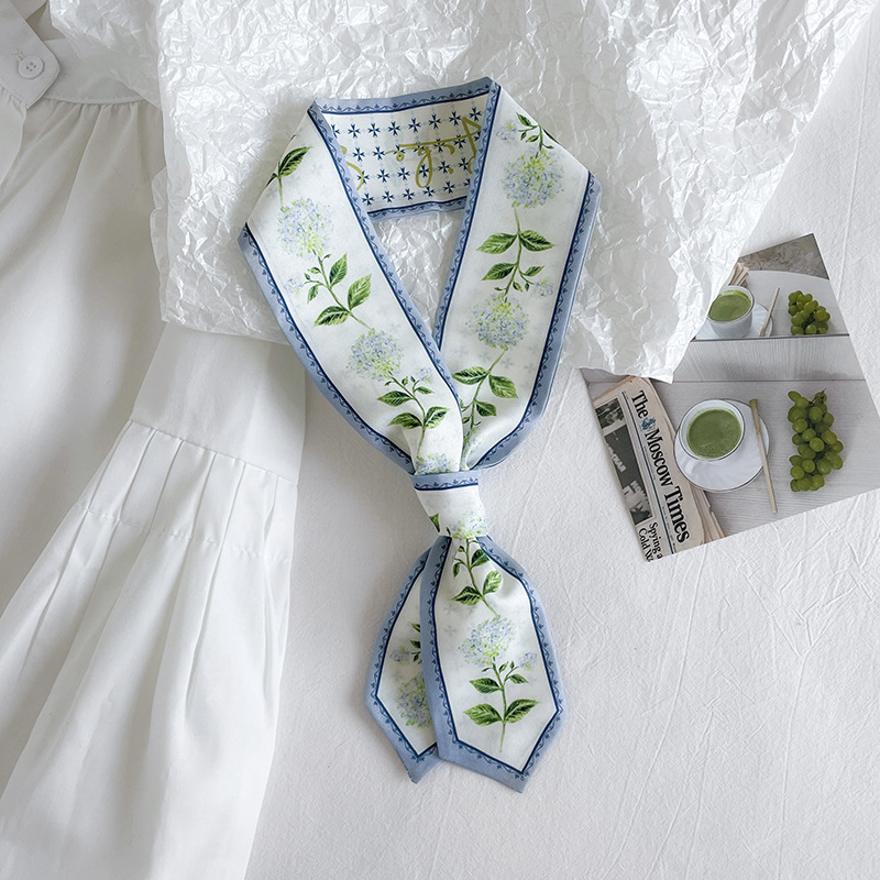 Cinta de primavera impresión larga estrecha ángulo pequeña bufanda de seda elegante estilo coreano banda de pelo bolsa de accesorios para el cabello entrega de una sola pieza