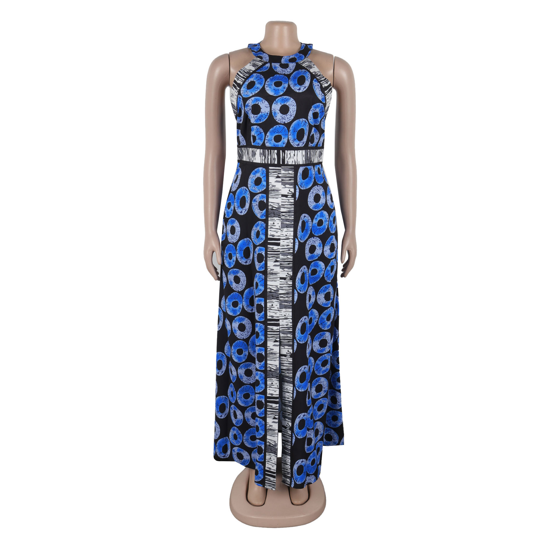 Women's Printed A-line Dress With Fitted Waist And Front Slit_voghion.com