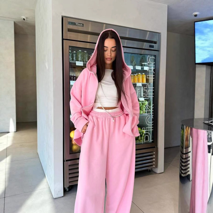 Cross-Border Foreign Trade Aliexpress Women's New Zipper Hooded Sports Cardigan Lace-Up Trousers Two-Piece Casual Suit