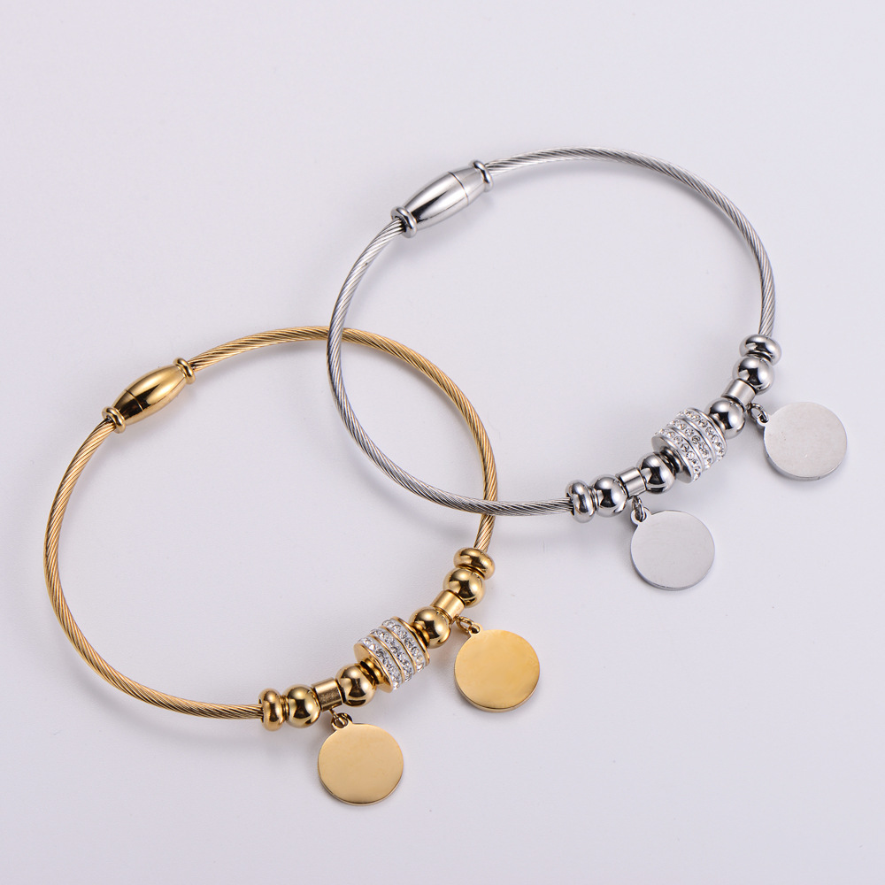 Womenu0027S Fashion Round Coin Titanium Steel Rhinestone Bangle Diamond Stainless Steel Bracelets