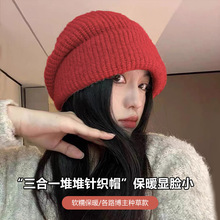 安哥拉红色帽子女冬季保暖大头围显脸小秋冬贝雷帽针织帽新年帽子