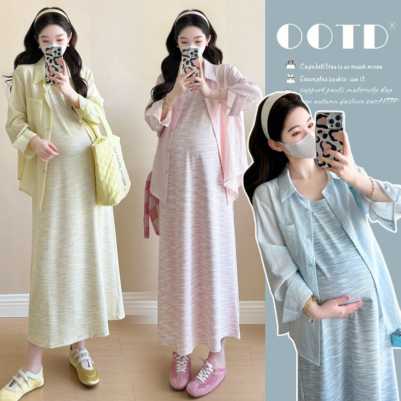 Maternity Summer Dress 2025 New Ice-Sense Cotton Vest Dress Two-Piece Summer Sun Protection Shirt Top Suit