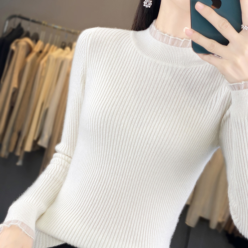 Autumn and Winter New Arrival Auricularia Lace Sweater Women's Slim-Fit Inner Knitted Sweater Women's Organza Scarp Tight Base Shirt Women