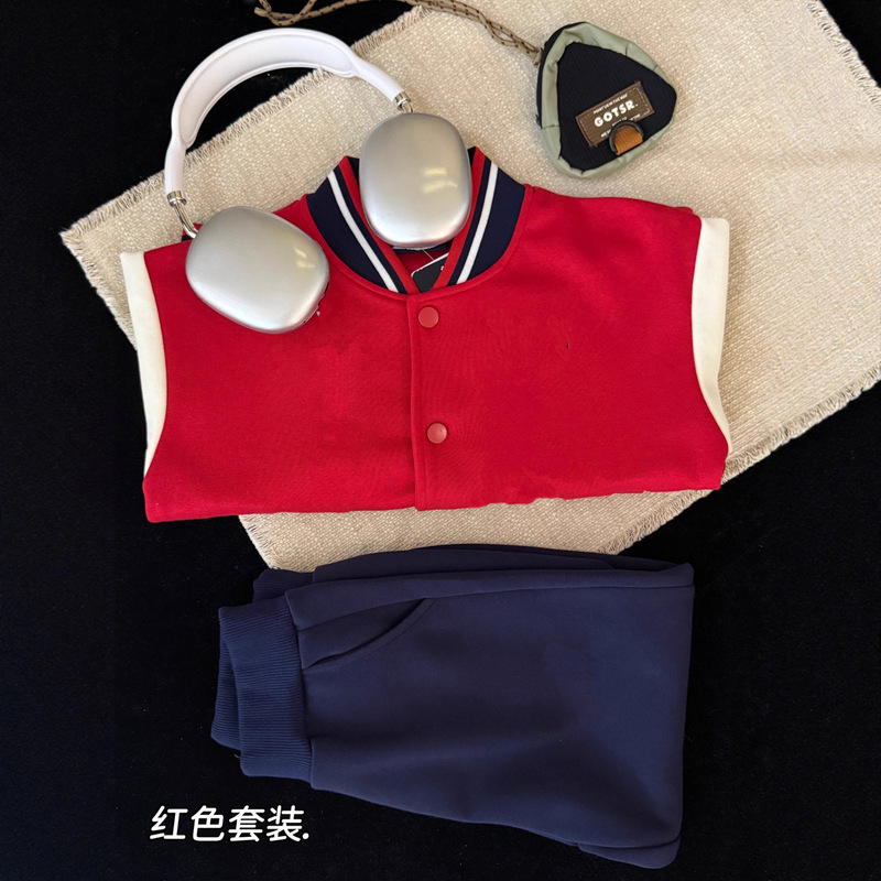 808B秋季男女童美式校园风经典百搭飞1了刺绣棒球服外套运动套装|undefined