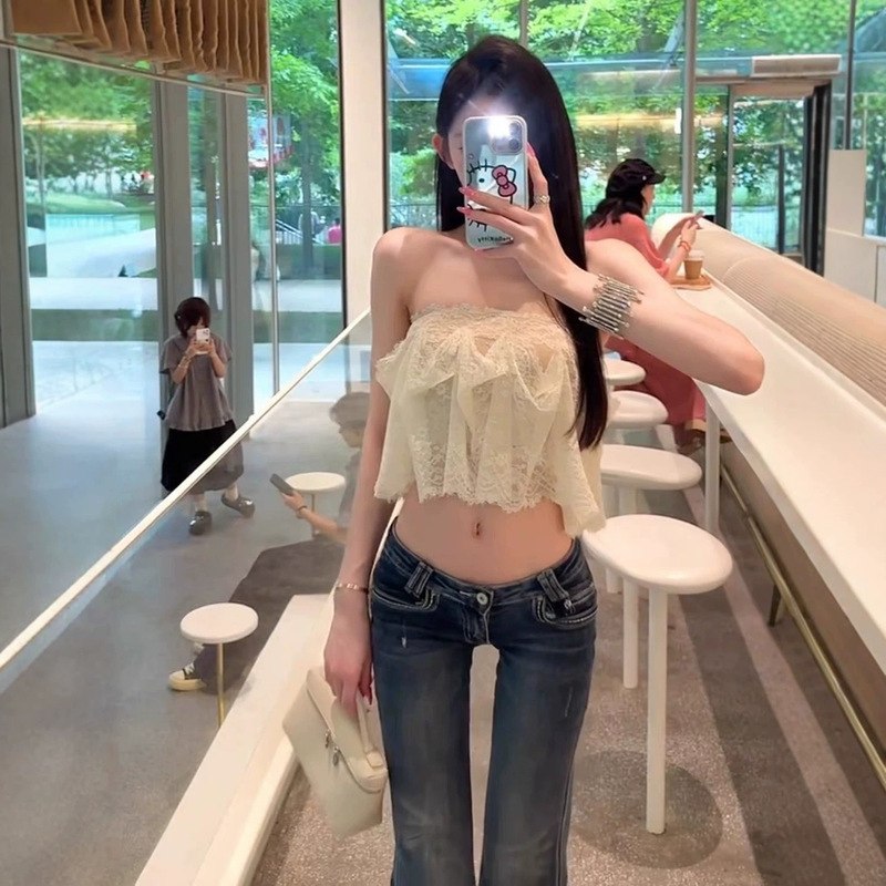 Cross-border sexy hot girl vacation double-layer short-sleeve lace floral tube top summer slim-fit slimming top wholesale Cross-border sexy hot girl vacation double-layer short-sleeve lace floral tube top summer slim-fit slimming top wholesale
