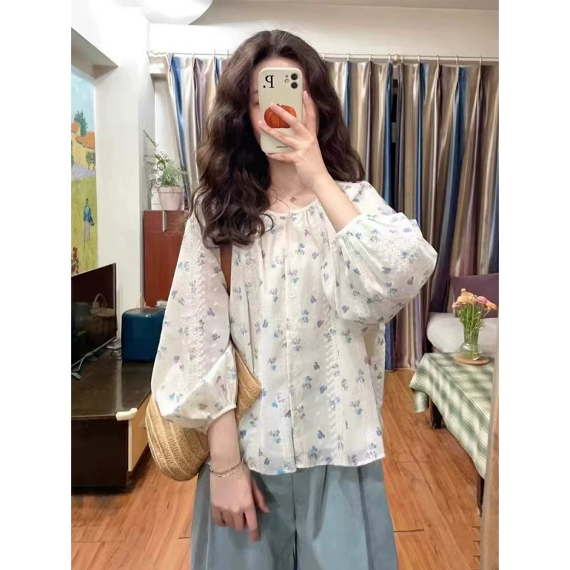 Цветочный пузырьковый рукав шифоновый кружевной рубашки топ женский летний тонкий солнцезащитный крем дизайн нишевые рубашки с круглым вырезом