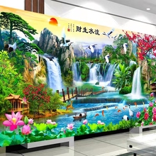 ✅流水生财十字绣成品纯手工绣好的迎客松聚宝盆新款客厅风景山水