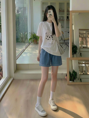Tiansi denim shorts women's 2024 new summer thin high-waist slimming loose summer ice silk wide-leg quarter pants