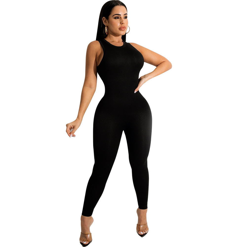 solid color round neck sleeveless tight jumpsuit NSZH119319