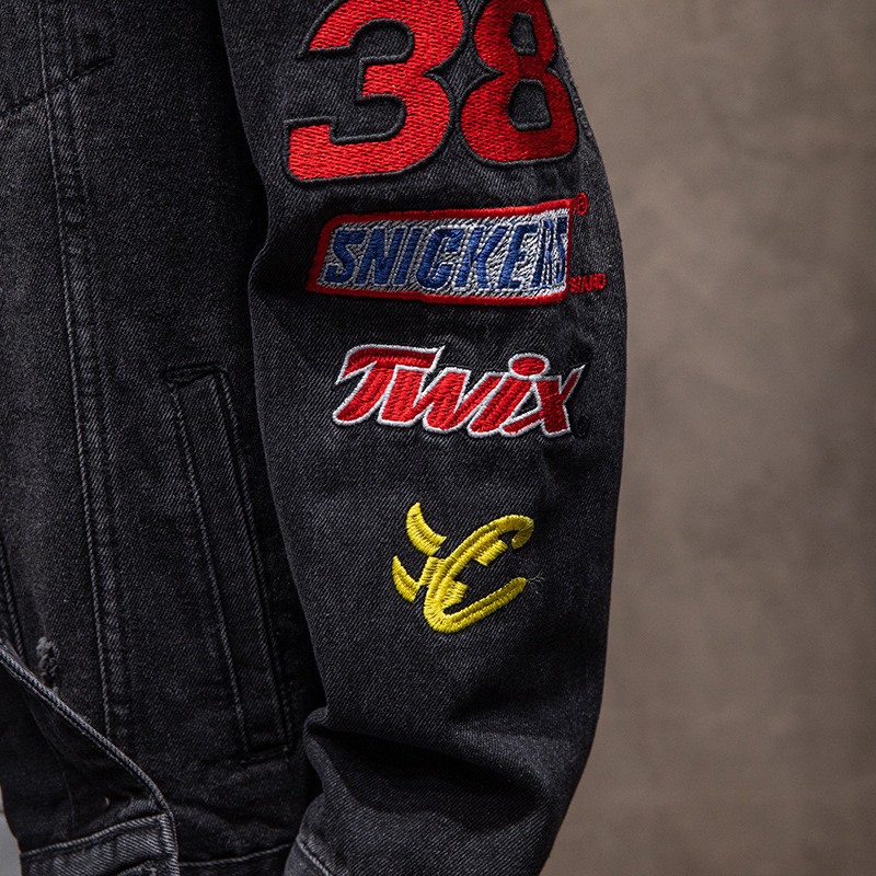 Moda marca ripped bordado abrigo de primavera y otoño de los hombres chaqueta de mezclilla suelta de moda chaqueta de la juventud casual de manga larga mapache
