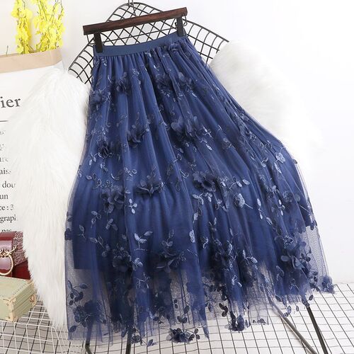 The Thirteen Lines Spring and Autumn 3D Embroidered Flower Long Hem Half Body Skirt for Women High-Waist Slimming Net Dress with Large Flounce
