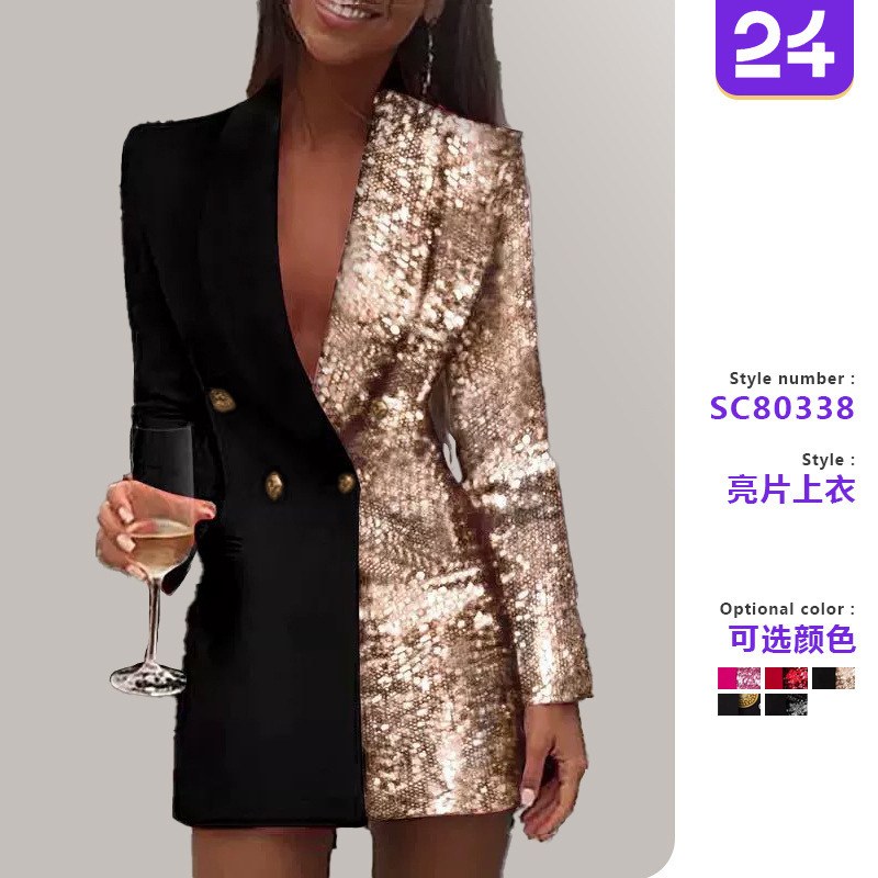 2026 New Cross-Border Amazon Two-Tone Patchwork Printed Blazer Sexy Deep V Casual Party Short Dress