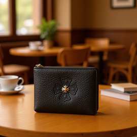 头层牛皮时尚钱包潮牌拉链真皮十字架零钱包挂小众卡片时髦收纳包