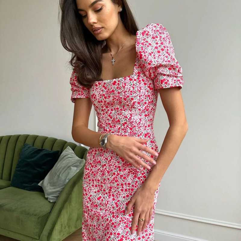 European and American French Dress 2023 Summer New Waist Slimming Elegant Women's Floral Short Sleeve Fresh dress