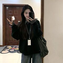 韩系秋冬一整套慵懒复古黑色针织衫套头针织毛衣搭配学生格纹衬衫