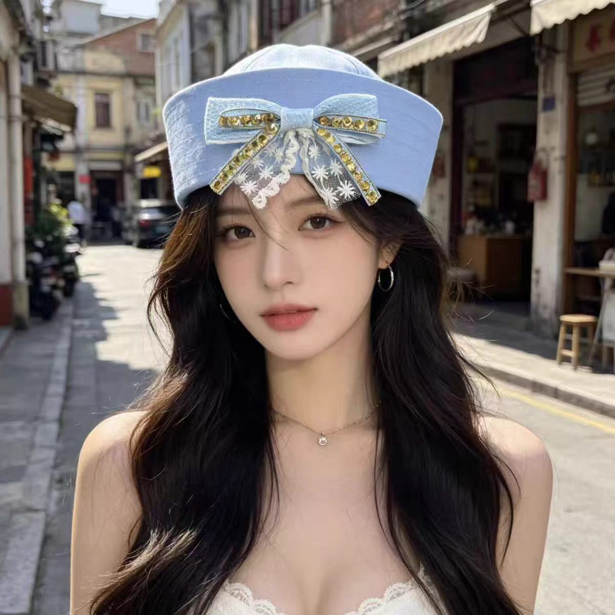 블루 레이스 진주 복고풍 해군 모자