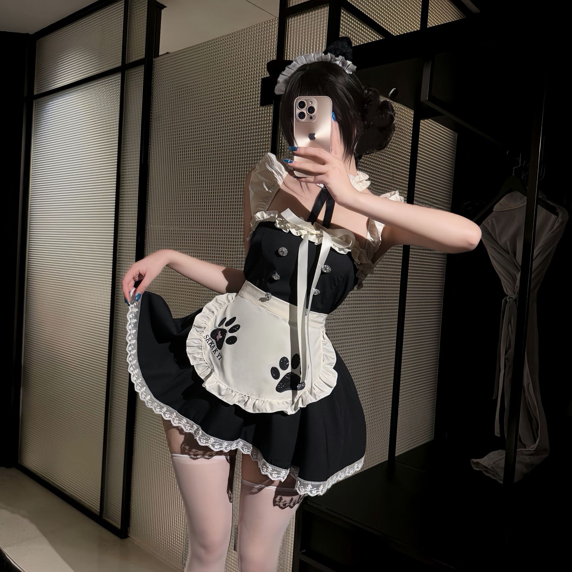 Sexy Maid Lingerie Set with Cat Ears and White Thigh-High Stockings — detail image 6