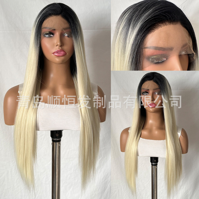 European and American wig women's black gradient gold straight hair high temperature silk front lace full head cover factory now loan a generation of hair European and American wig women's black gradient gold straight hair high temperature silk front lace full head cover factory now loan a generation of hair