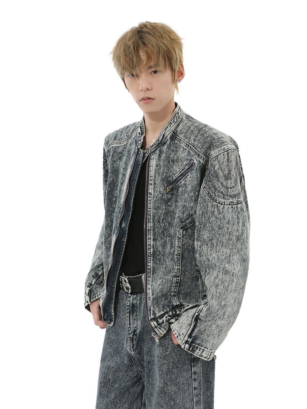 MTLCLOTHES Hombres| Nuevos productos de otoño estilo retro americano empalme pesado hombro conjunto de vaqueros casuales