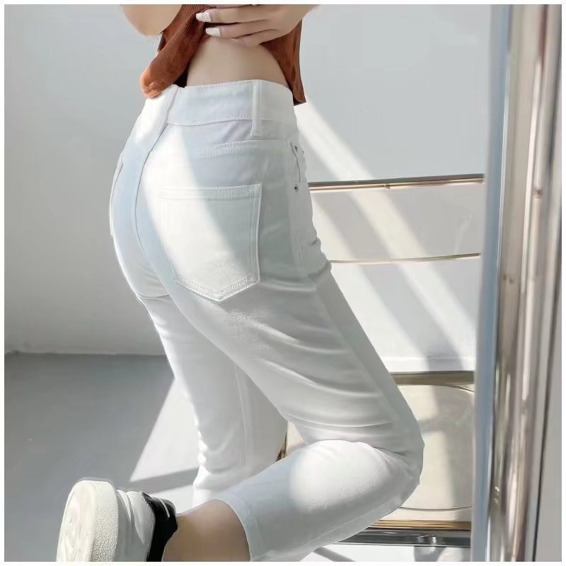 Solid color high waist leather label decor cropped jeans NSXDX135909