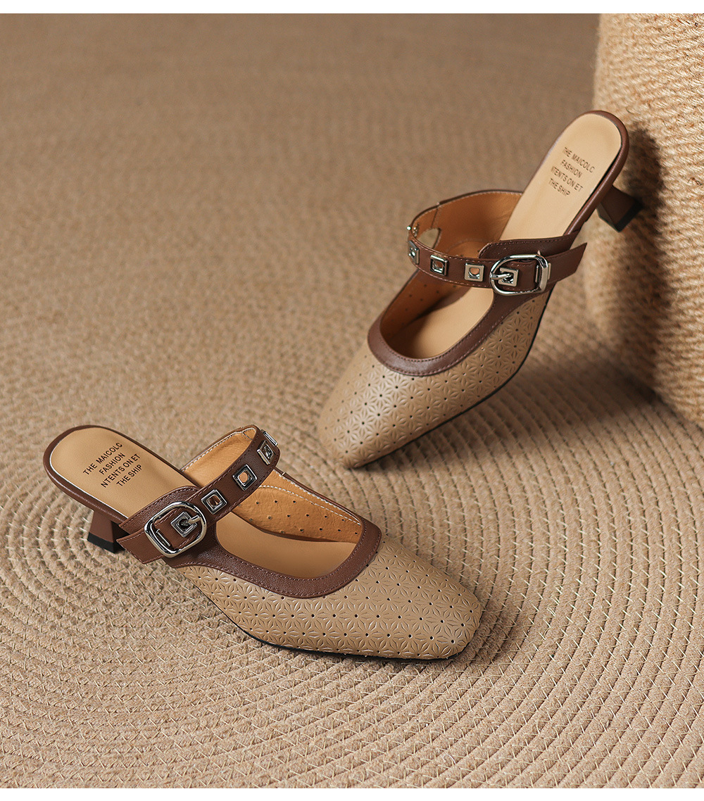 Sandal nữ quai ngang mũi vuông gót 5 cm phối màu — màu trắng ngà chi tiết 19