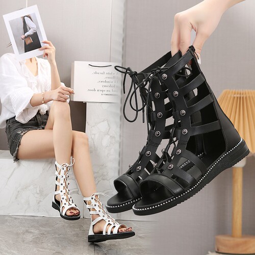 Women's Large Size Summer High-Top Open-Toe Ankle Boots with Roman Eyelets and Zipper Back