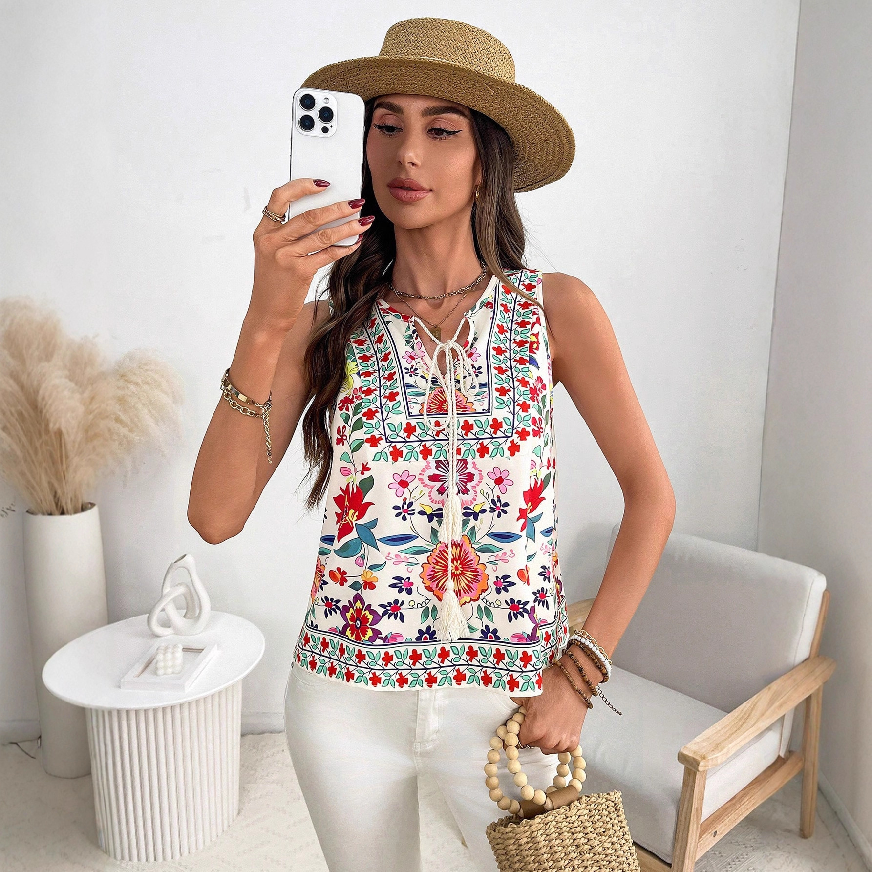 欧美跨境亚马逊速卖通爆款2025新款印花v领无袖女士背心