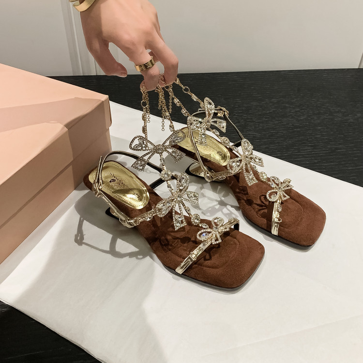 Fairy Style Rhinestone Bow T-Band Wedge High Heels Daily All-Match Dress Open Toe Summer Sandals