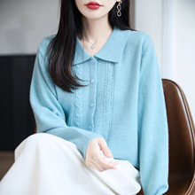 厂家直供精纺羊毛女毛衣 花朵提花圆领针织衫 长袖打底支持批发