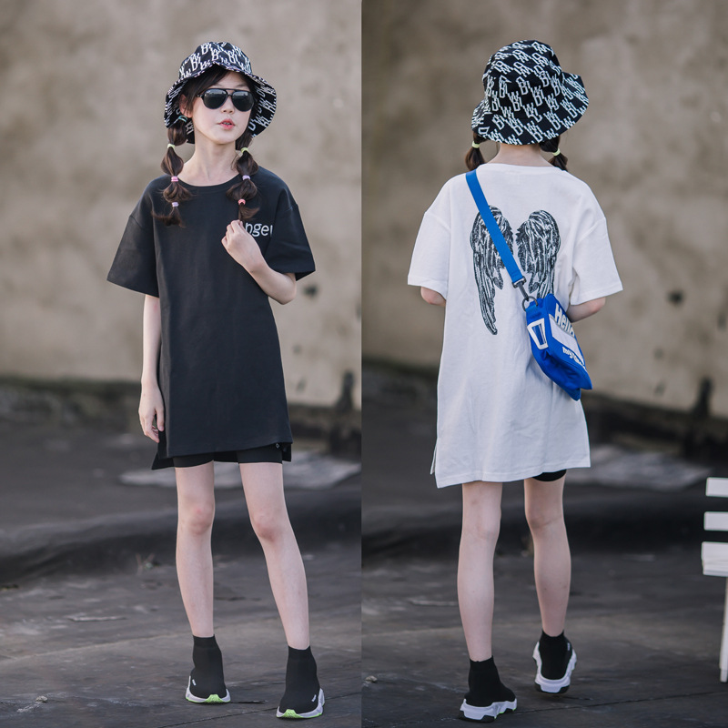 Ropa de estilo coreano para niños camiseta de las niñas falda verano algodón para niños camisa de manga corta de longitud media ropa de verano para niños medianos y grandes 2023 nuevo